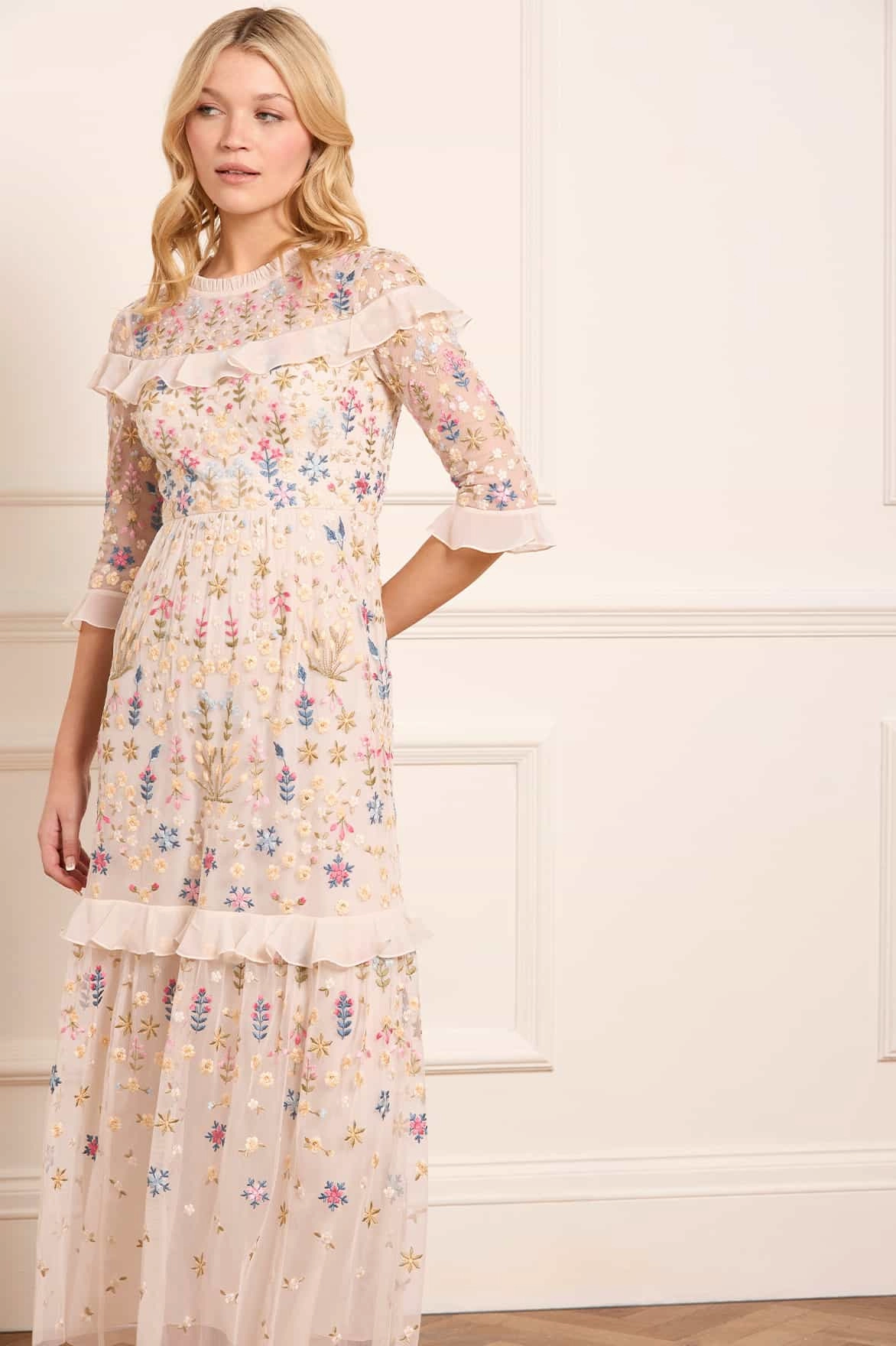 Flowerbed Embroidery Ankle Gown Trendy floral dress