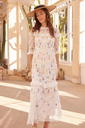 Flowerbed Embroidery Ankle Gown Minimalist Layering Soft Profile