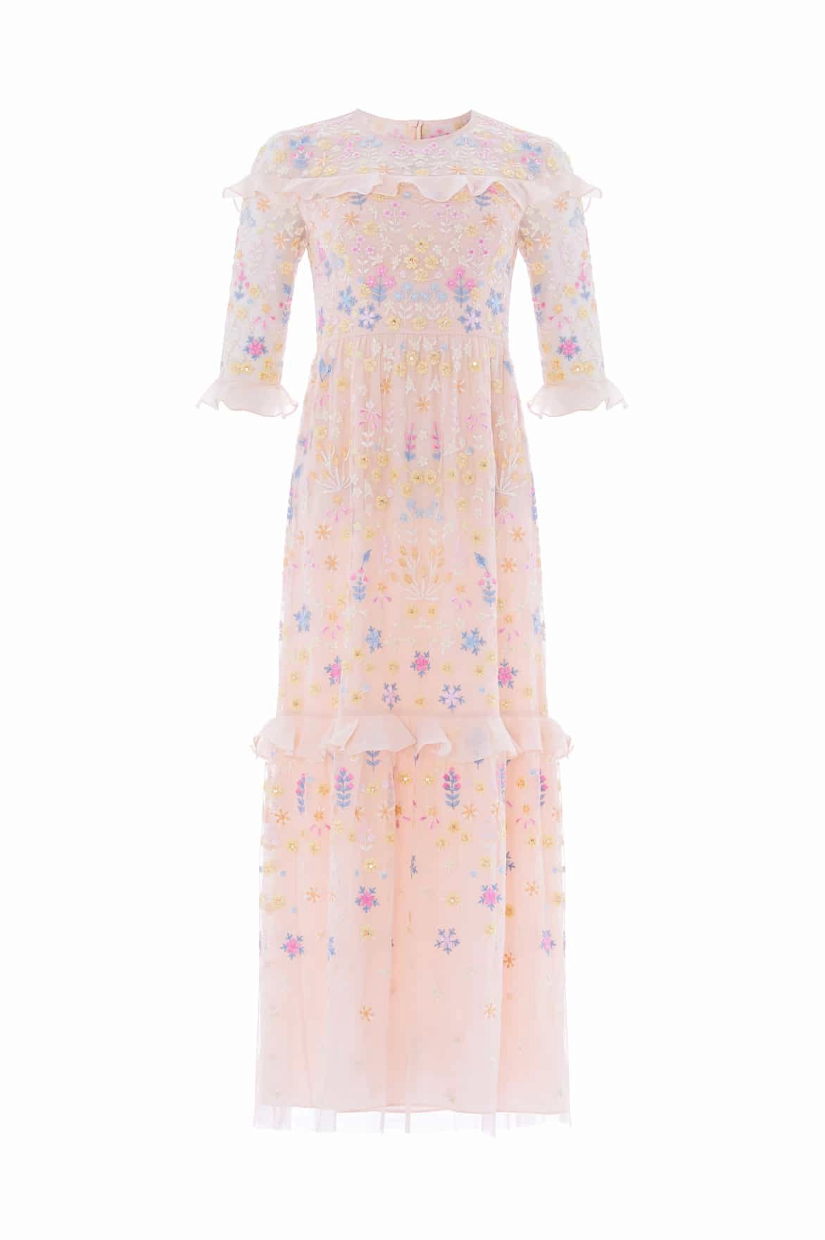 Natural Wrap Flowerbed Embroidery Ankle Gown