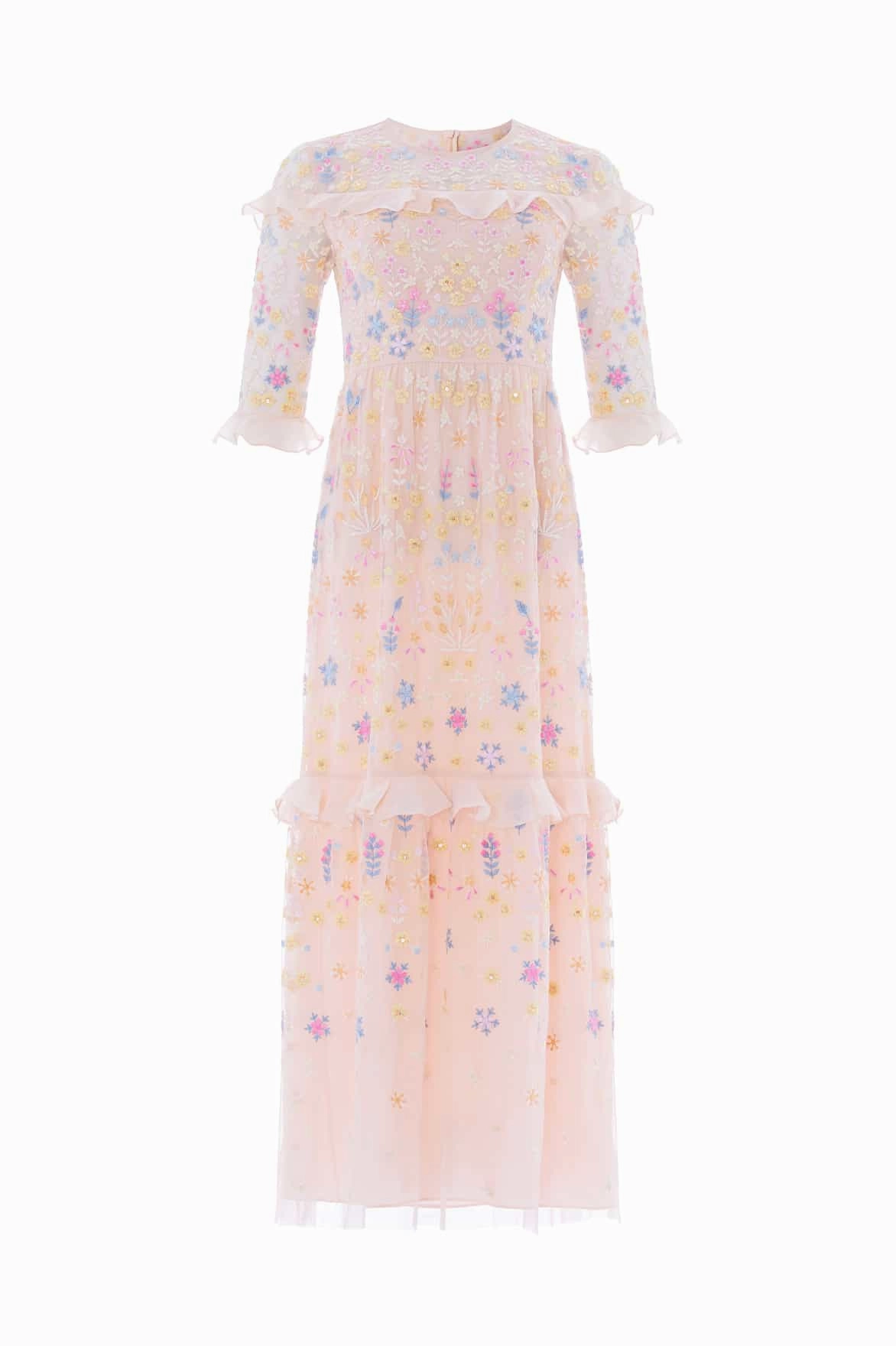 ElasticWaistband Flowerbed Embroidery Ankle Gown
