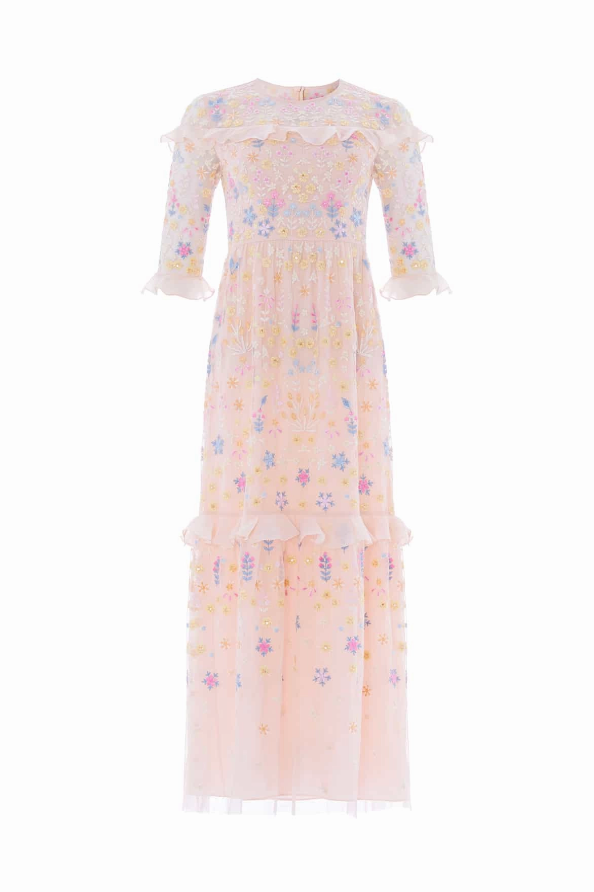 Tonal-Panel Flowerbed Embroidery Ankle Gown