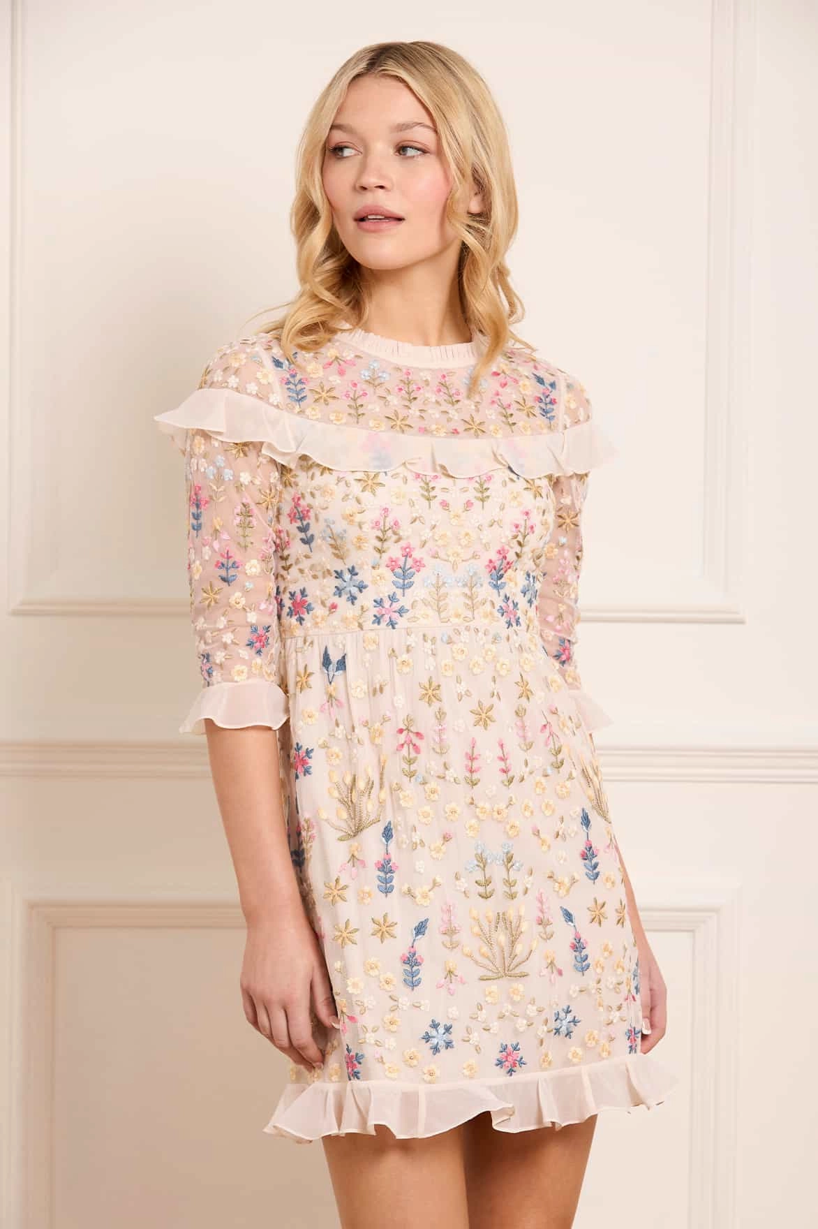 Simple Touch Sunset Scene Flowerbed Embroidery Mini Dress