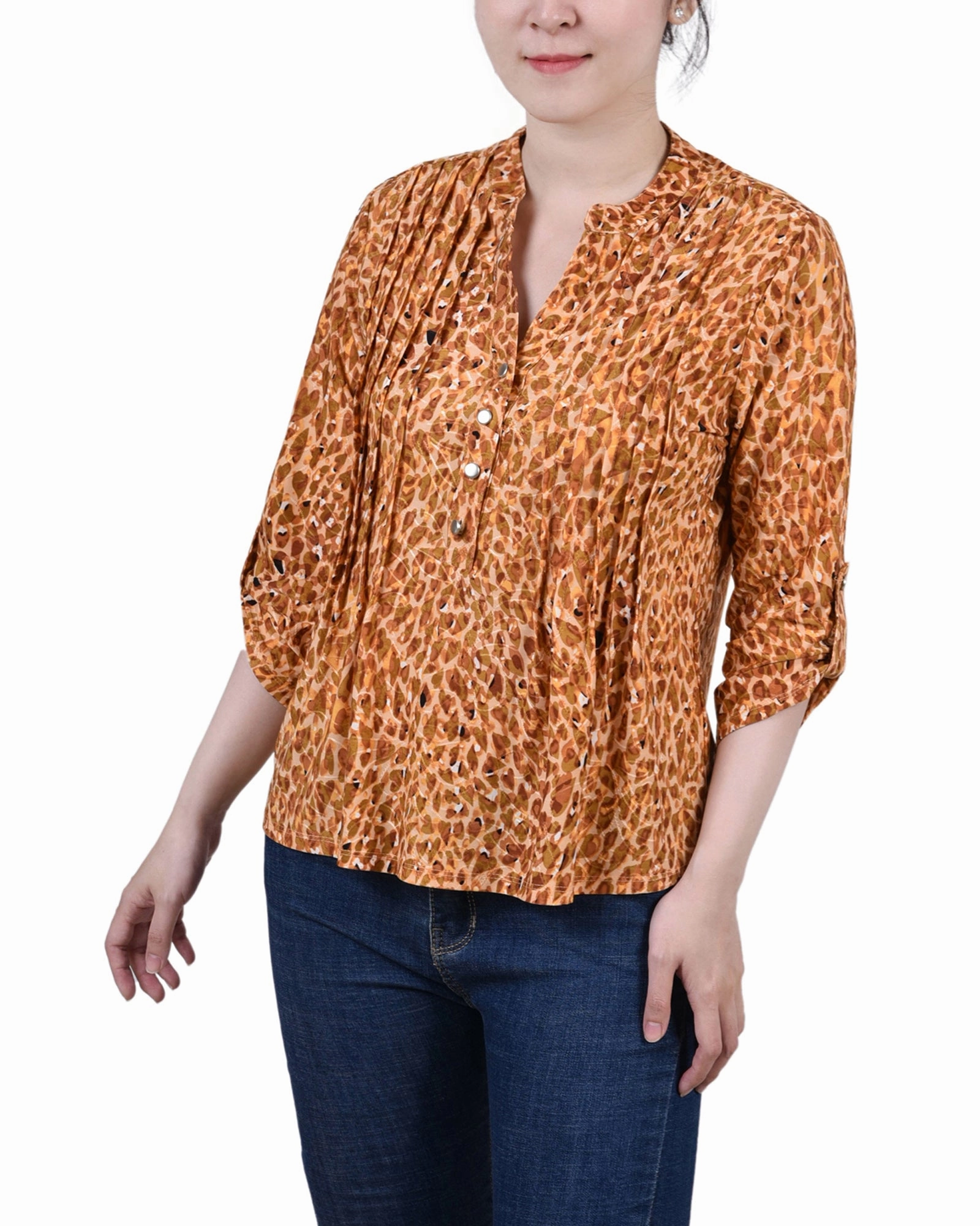 Petite 3/4 Sleeve Roll Tab Y Neck Pullover Top SheerLayering WaffleWeave