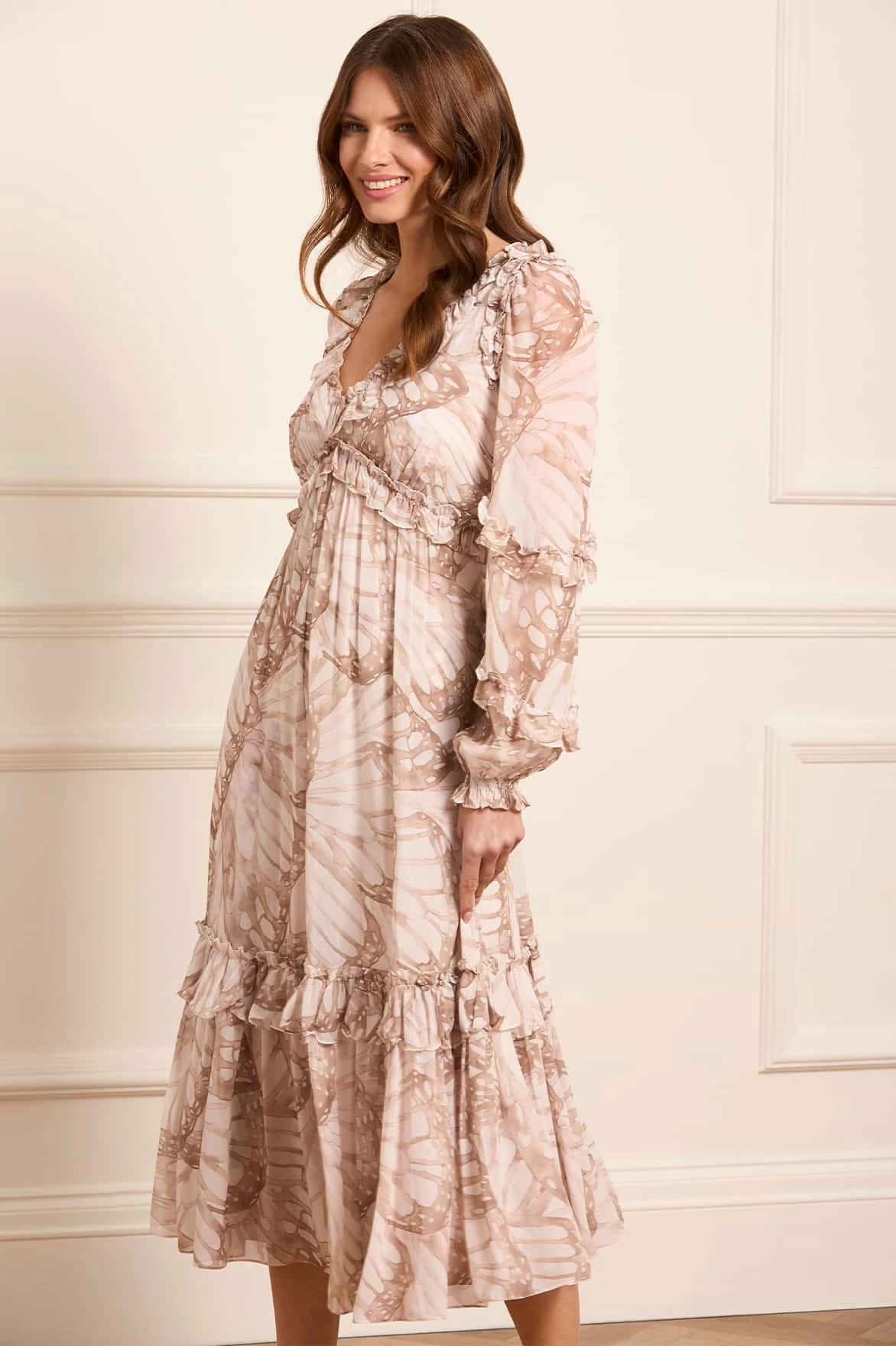 Lace Accent Flowy casual dress Flutter Chiffon Long Sleeve Ballerina Dress