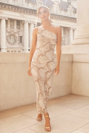 Earth-Tone Flutter Draped One-Shoulder Ankle Gown