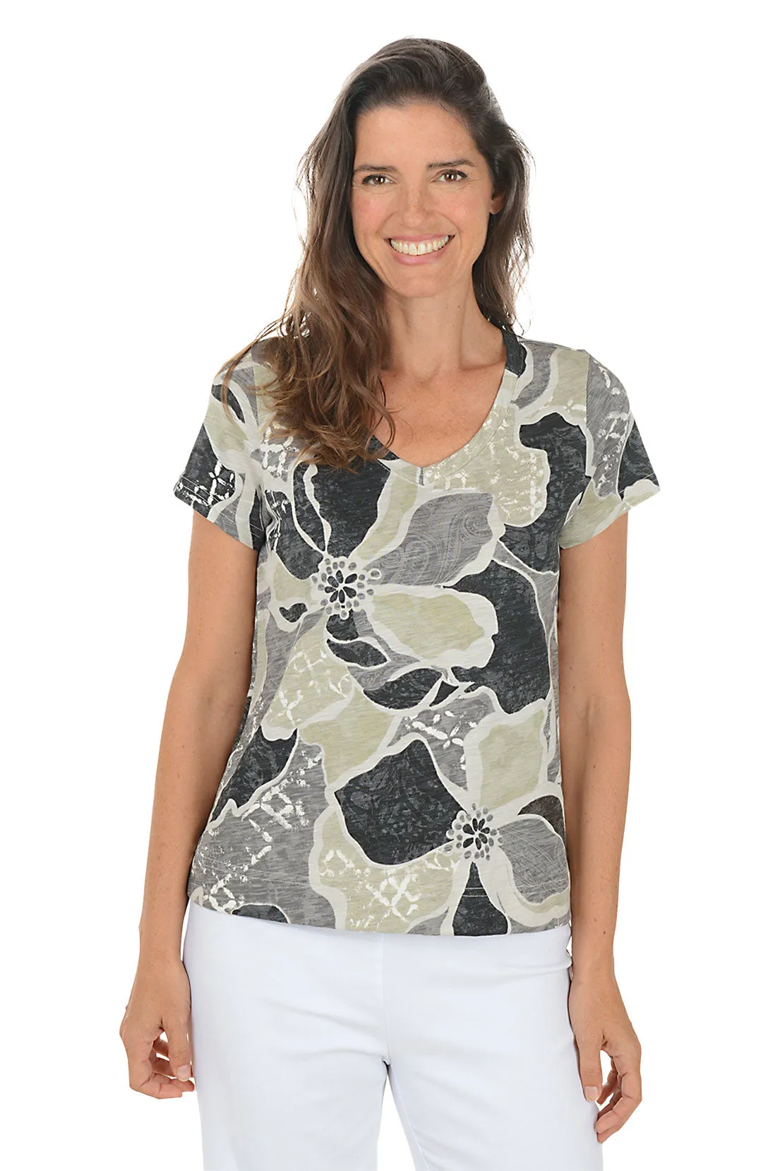 Fog Floral Petals Cotton V-Neck Tee EcoFriendlyMaterial
