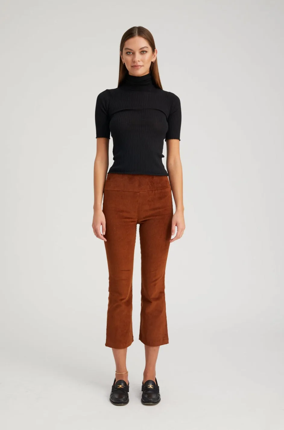 Stain Resistant Tapered ankle Dark Cognac Corduroy Crop Flare Pants