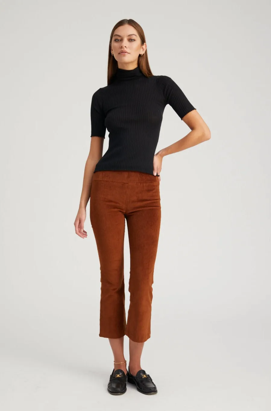 Dark Cognac Corduroy Crop Flare Pants High-waisted fit All Day Fit