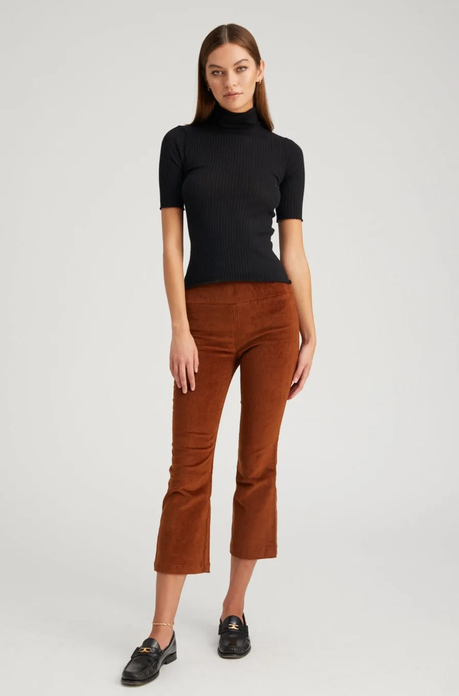 Dark Cognac Corduroy Crop Flare Pants Classic Elegance Durable Activewear