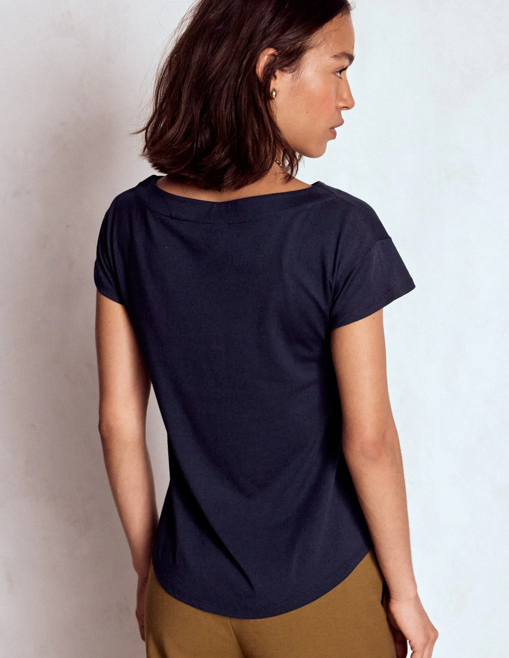 Sheer Overlay Material Supersoft Boat Neck T-Shirt-Navy