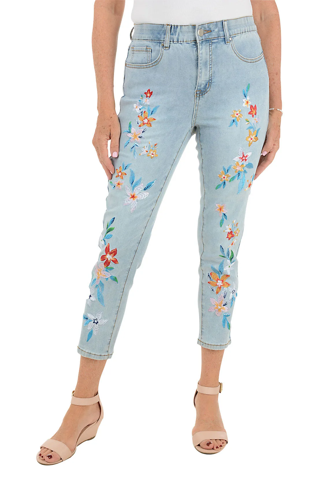 Chill Wear Frangipani Embroidered Denim Crop Pant