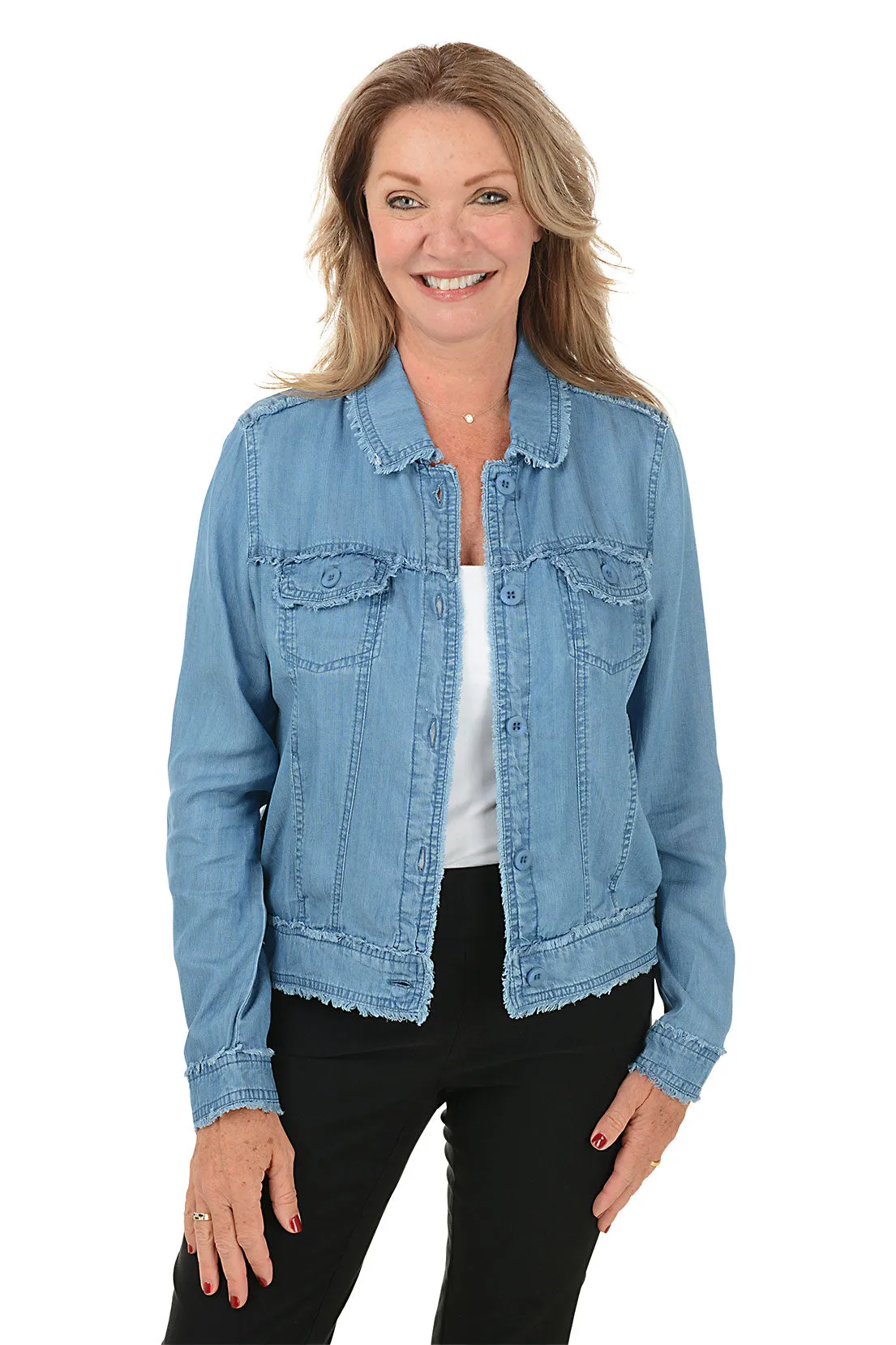 Frayed Lightweight Tencel Denim Jacket AllDayComfortFit BlendMaterials