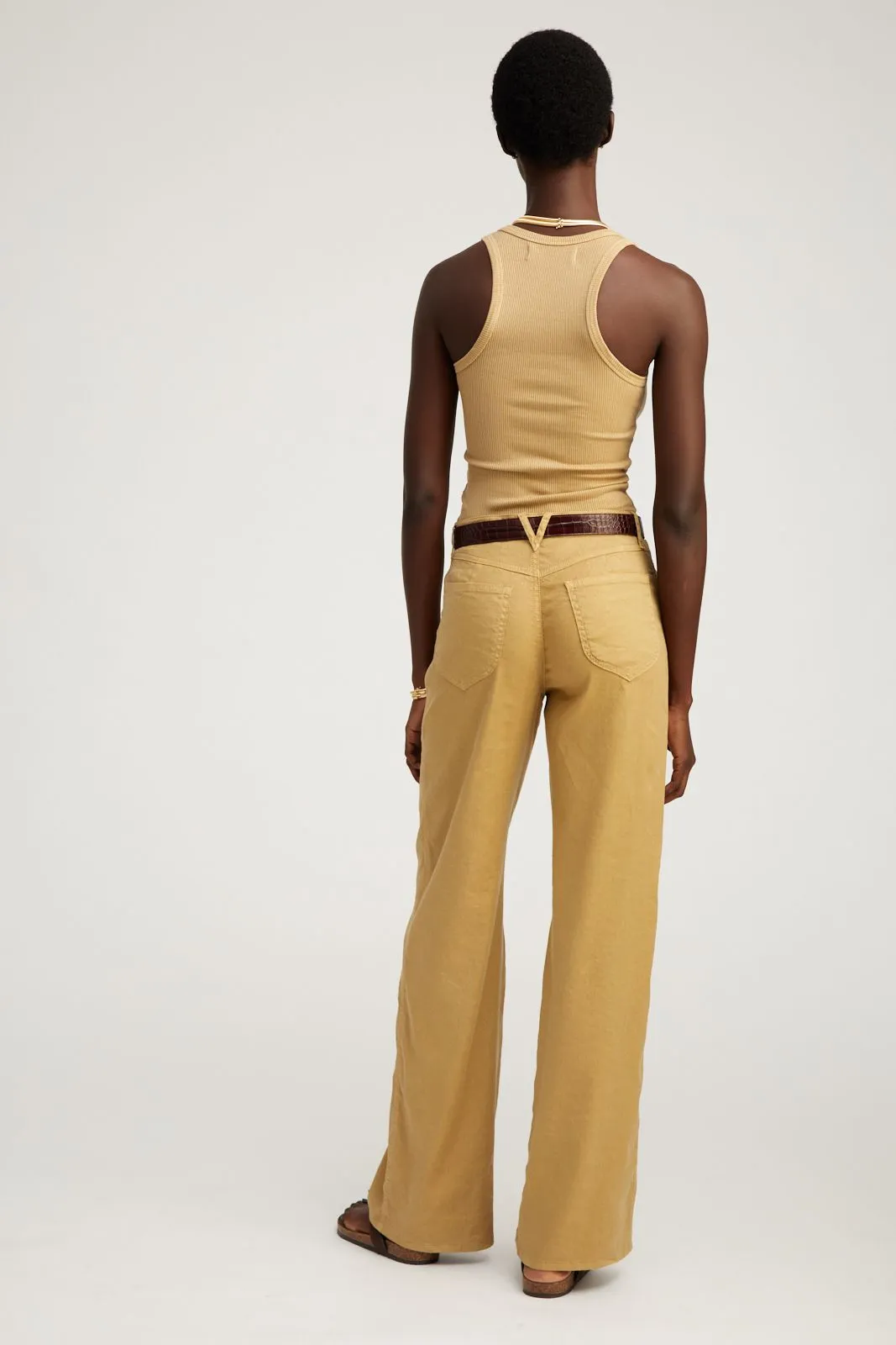 Khaki Linen 5 Pocket Wide Leg Pants Quick Wash