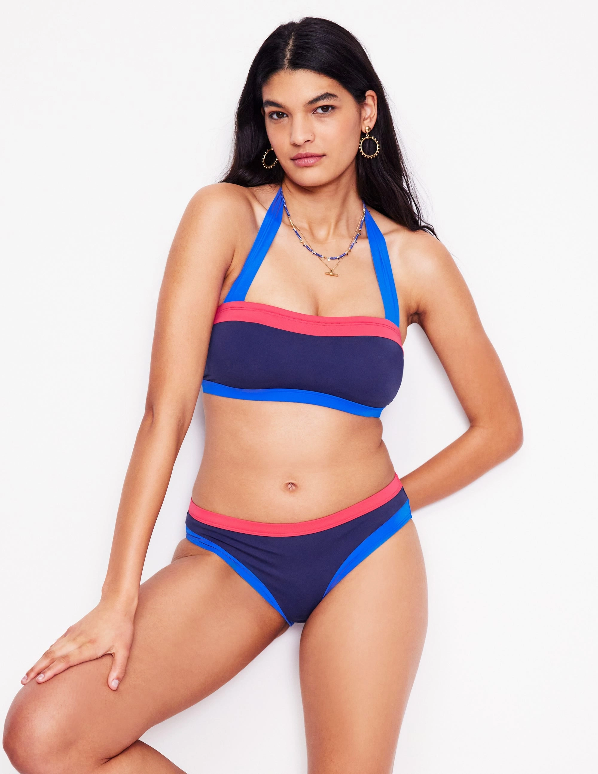 Santorini Bikini Bottoms-Navy/ Coral Punch Pink/ Blue Metallic Finish Moderate Coverage Cut