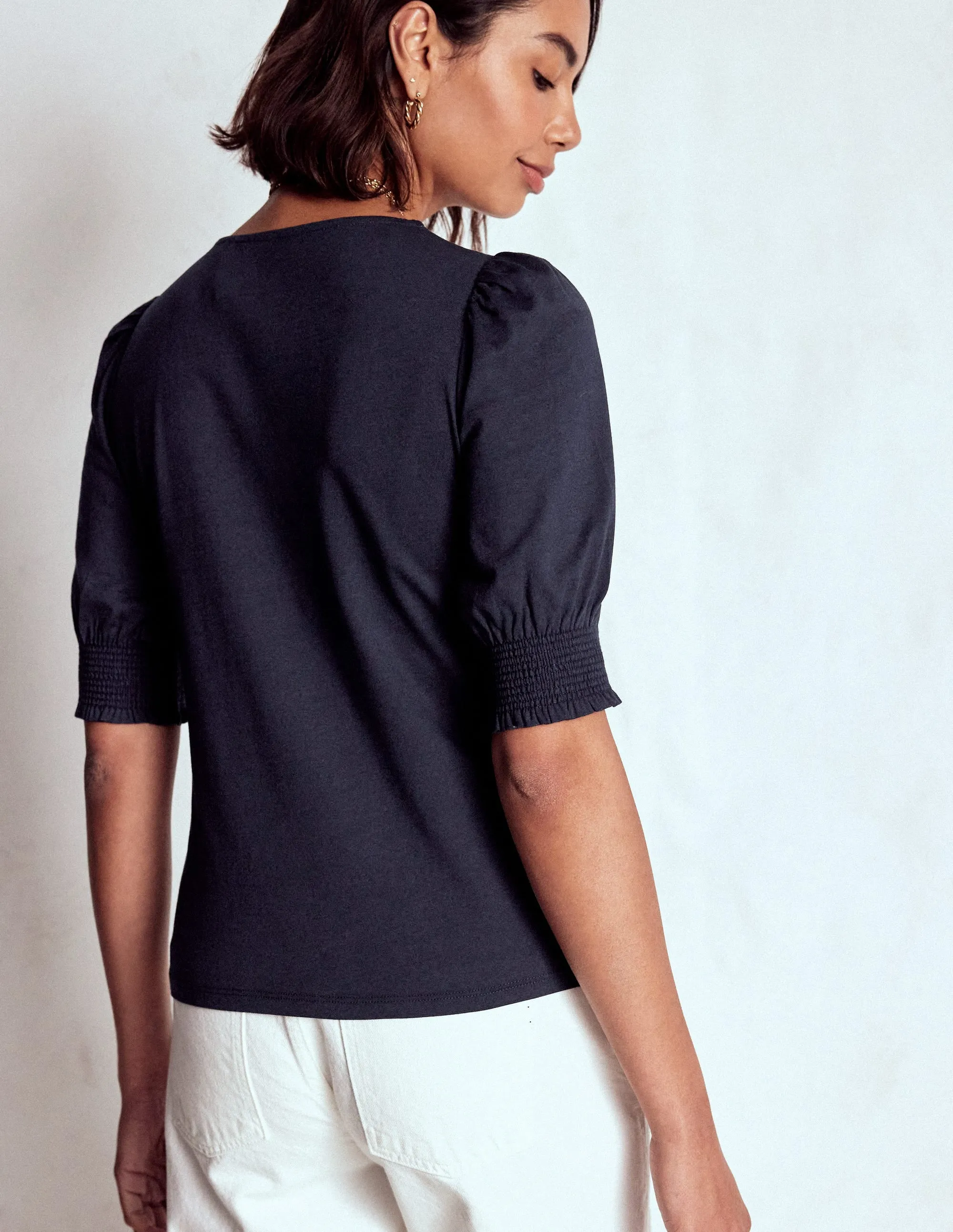 Short Sleeve Smocked Cuff Top-Navy PreShrunkFabric QuickDry Performance