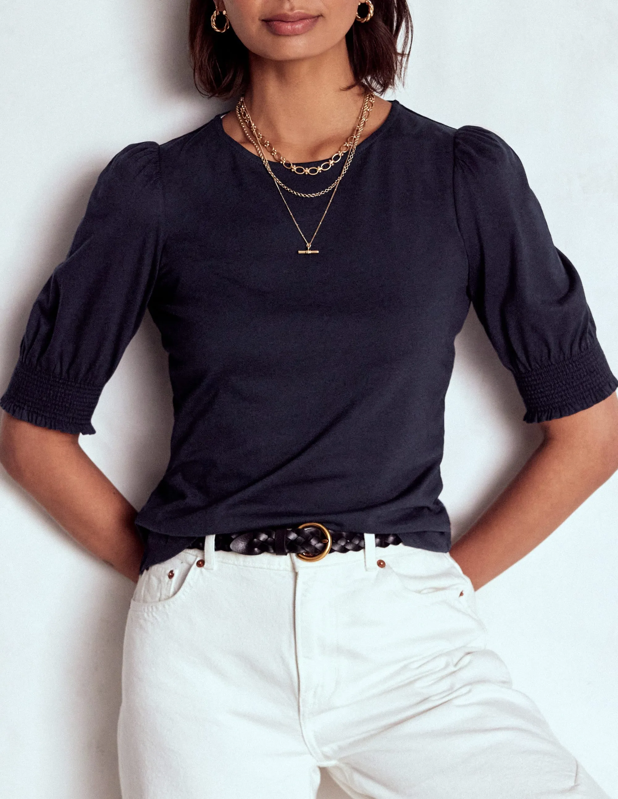 Short Sleeve Smocked Cuff Top-Navy Elasticated Hem Versatile Layering