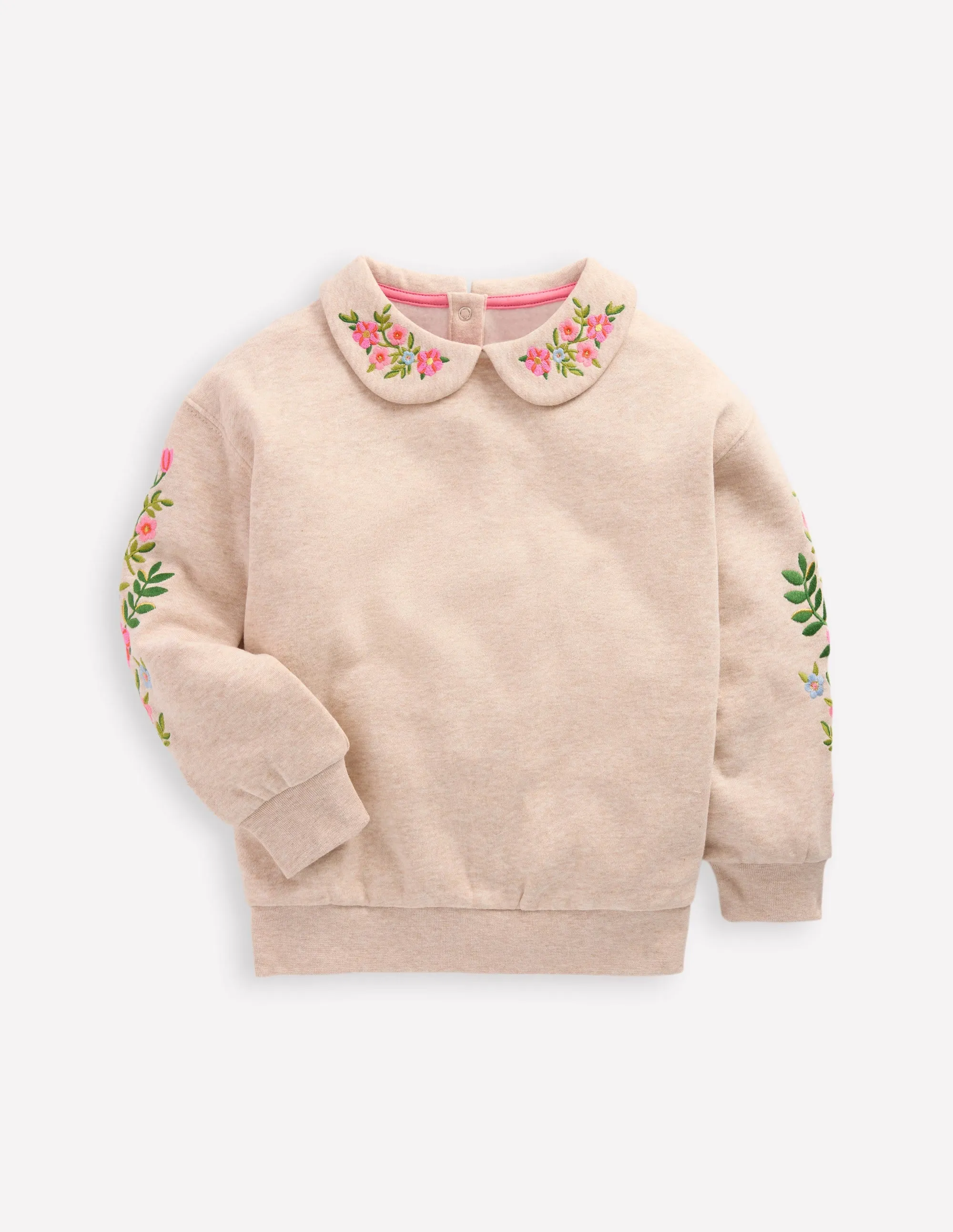 Embroidered Sweatshirt-Oatmeal Marl Embroidery Brushed Interior Lining Stylish Wear