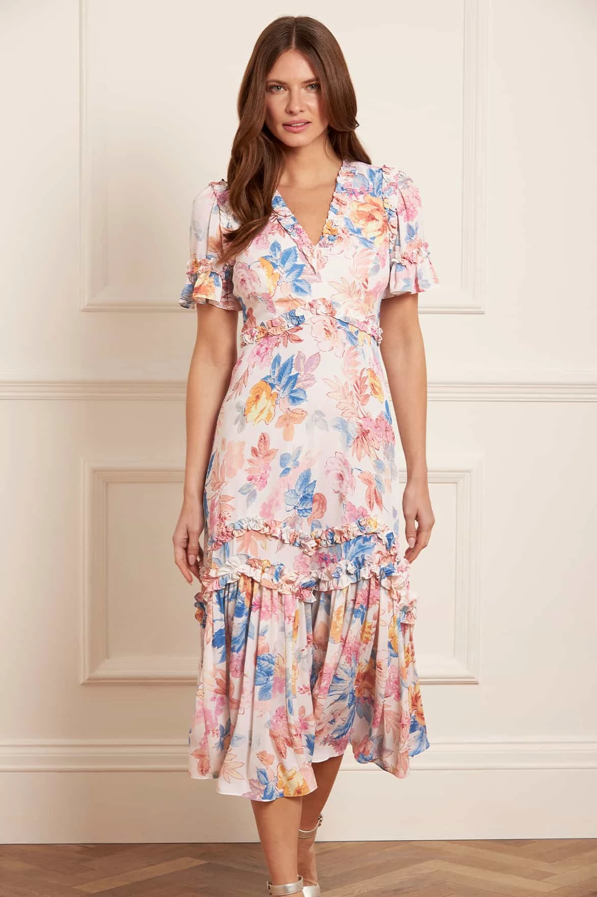 Dreamy Presence Mariannes Floral Satin V-Neck Ballerina Dress