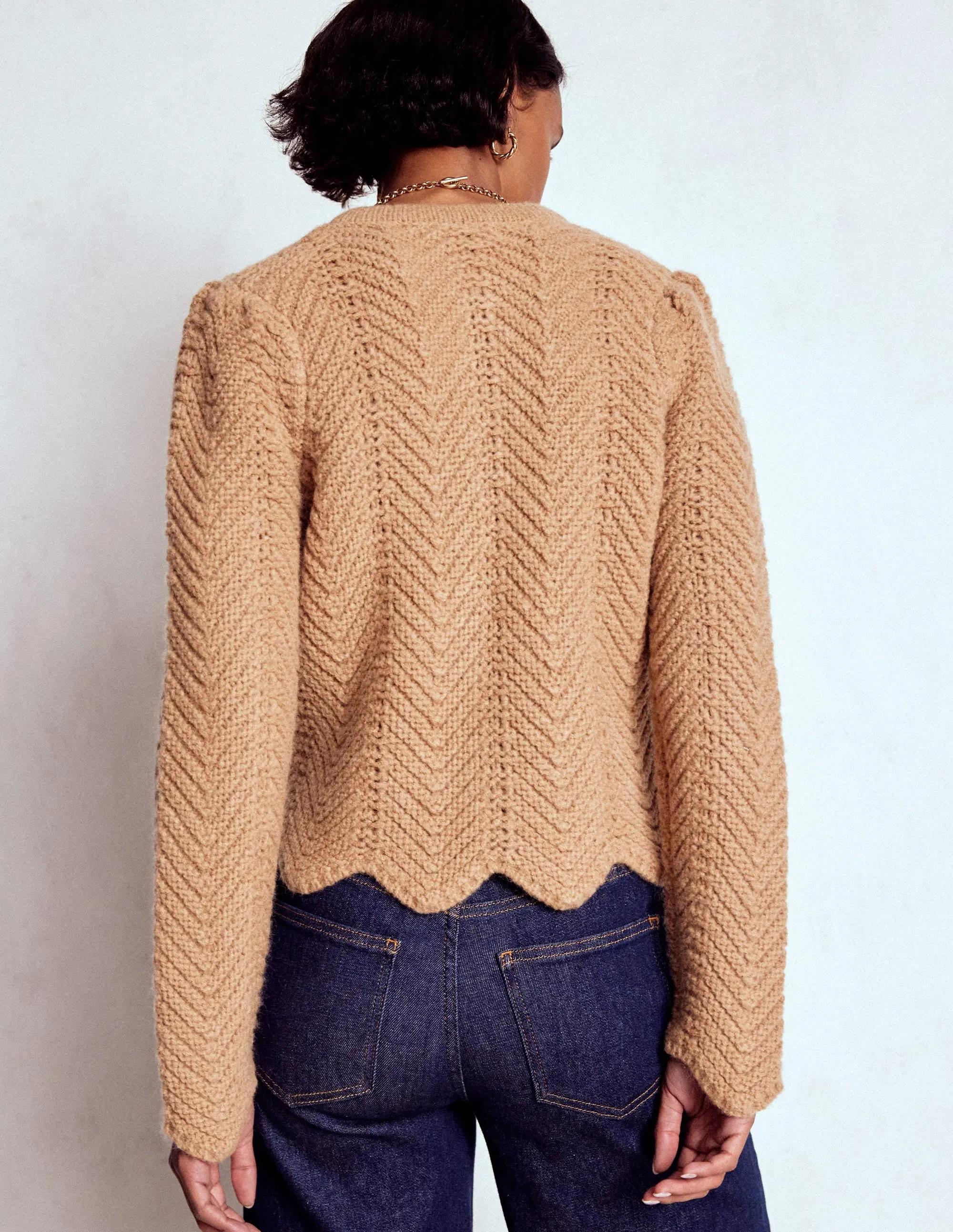 Compact Knit Technique Chunky Chevron Knitted Jacket-Camel