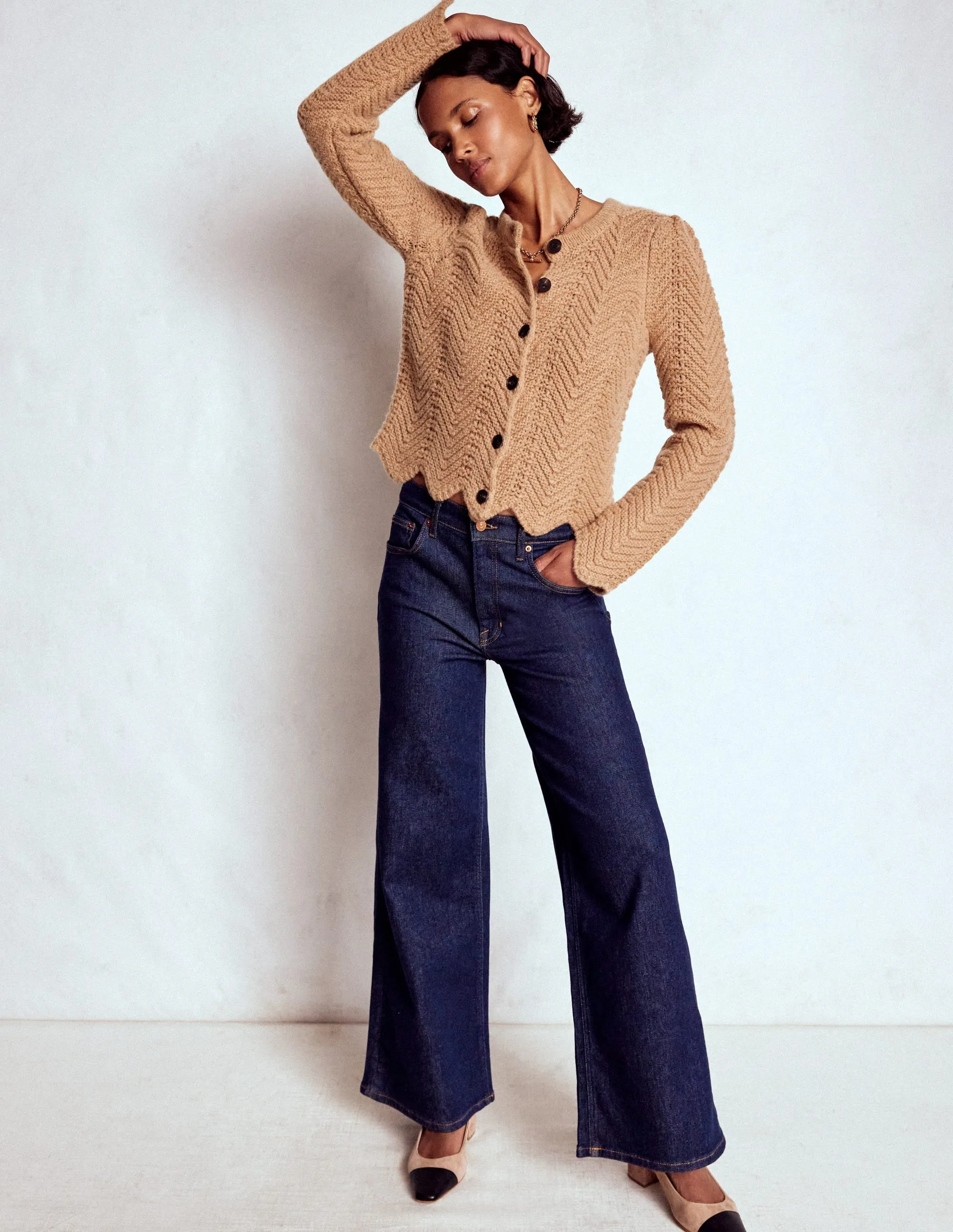 Oversized Fit Street Trend Chunky Chevron Knitted Jacket-Camel