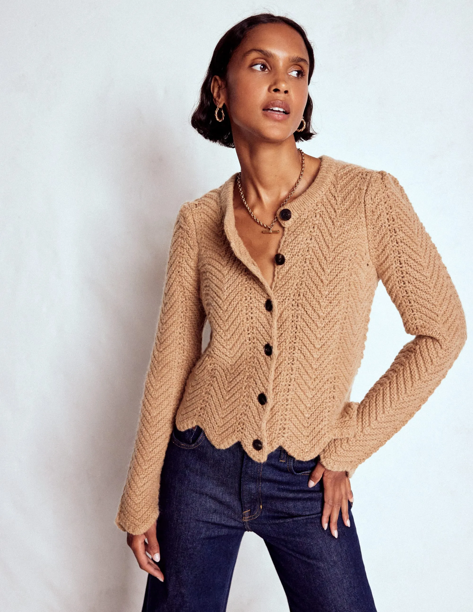 Chunky Chevron Knitted Jacket-Camel Drop Shoulder Design