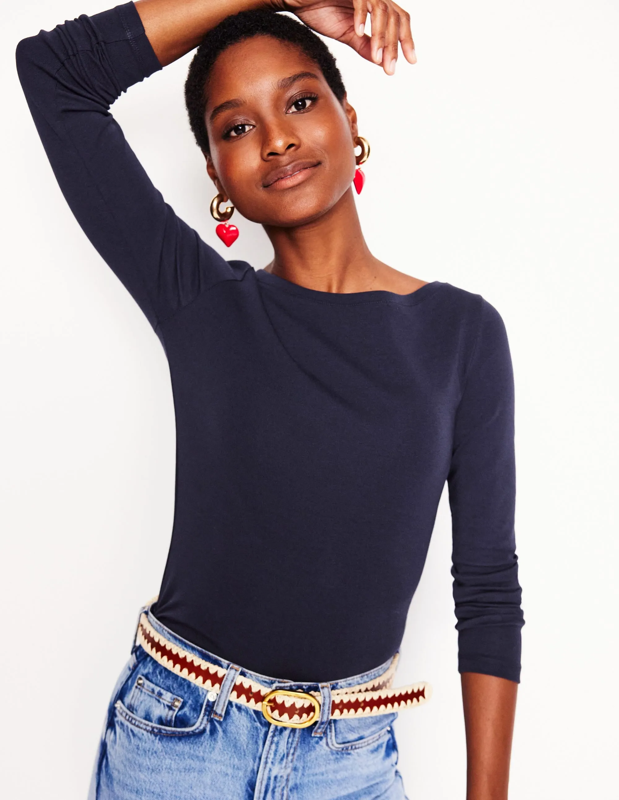 Essential Boat-Neck Jersey Top-Navy Moisture Control Technology Anti Static Cloth Blend