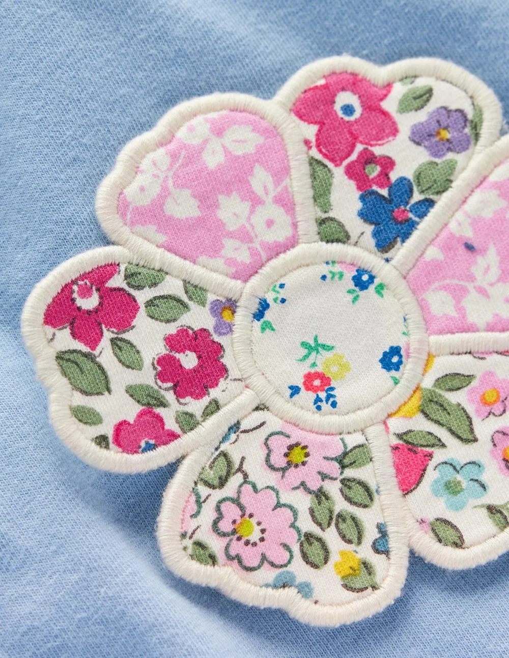 Frill Neck Appliqu T-shirt-Glacier Blue Flowers Antibacterial Treatment