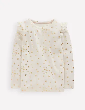 Weekend Comfort Style Modern Style Frill Sleeve Pointelle Top-Soft Ivory