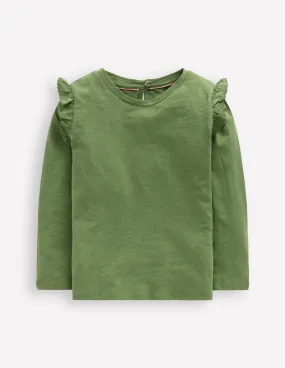 Frill Sleeve Slub Top-Safari Green Pre Shrunk Fabric