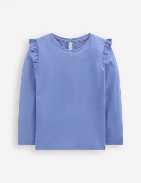 Frill Sleeve Slub Top-Soft Blue Outdoor Trend Look