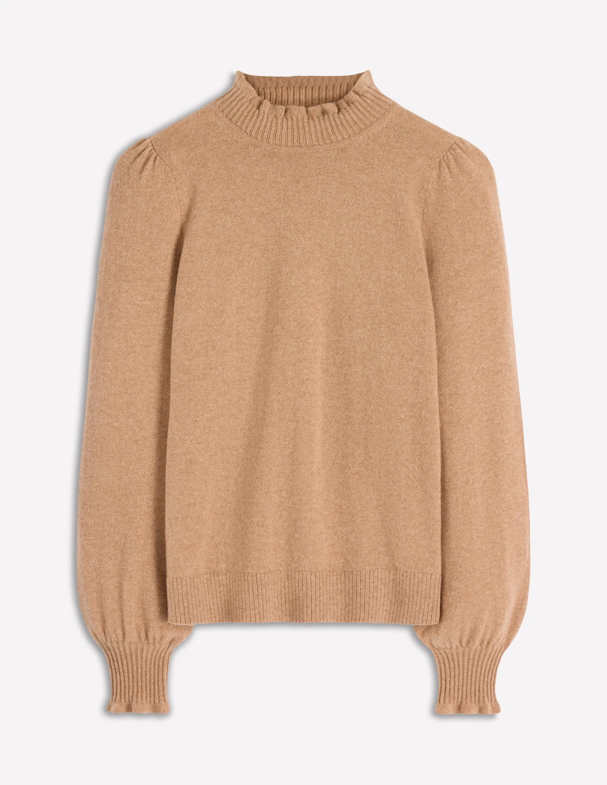 LowImpact Knitting Cold Warmth Frill Trim Cashmere Jumper-Camel Melange