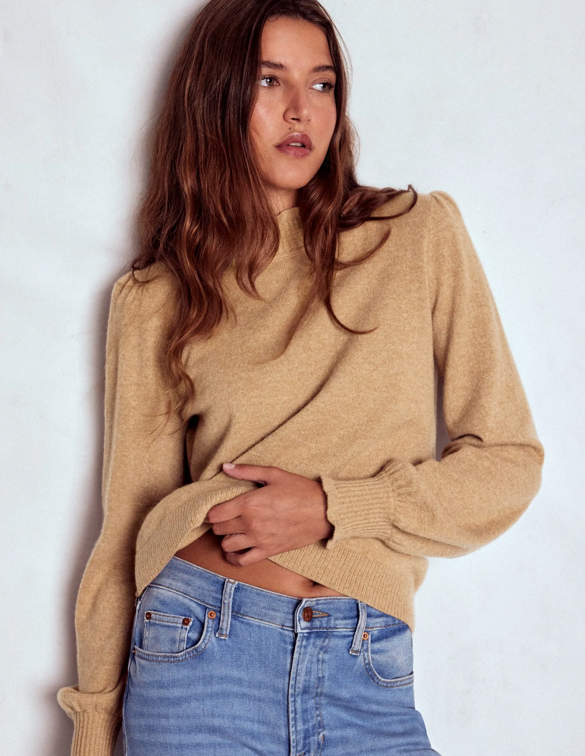Frill Trim Cashmere Jumper-Camel Melange Oversized Collar Style City Layer