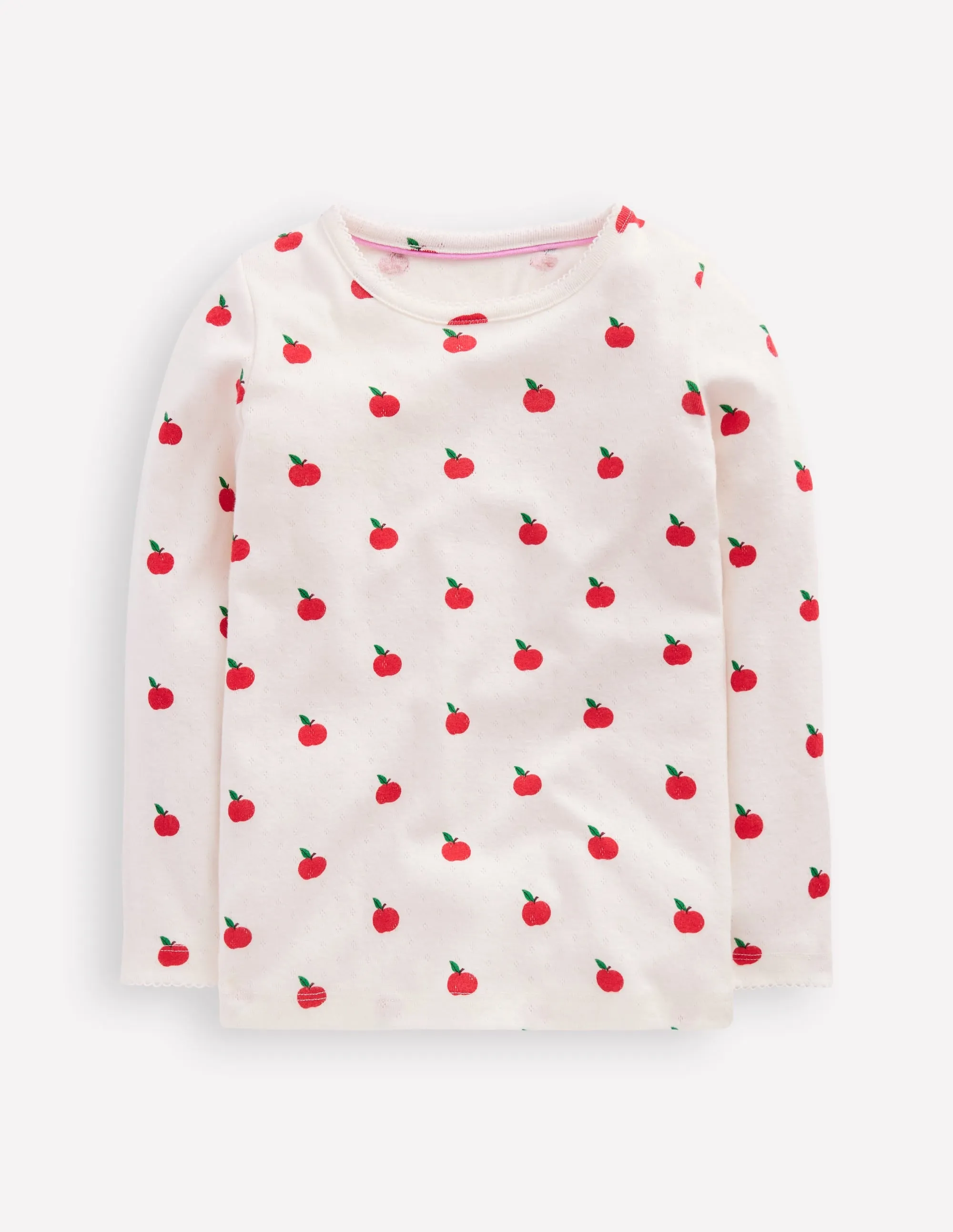 loose but not baggy Long Sleeve Pointelle Top-Soft Ivory Little Apples