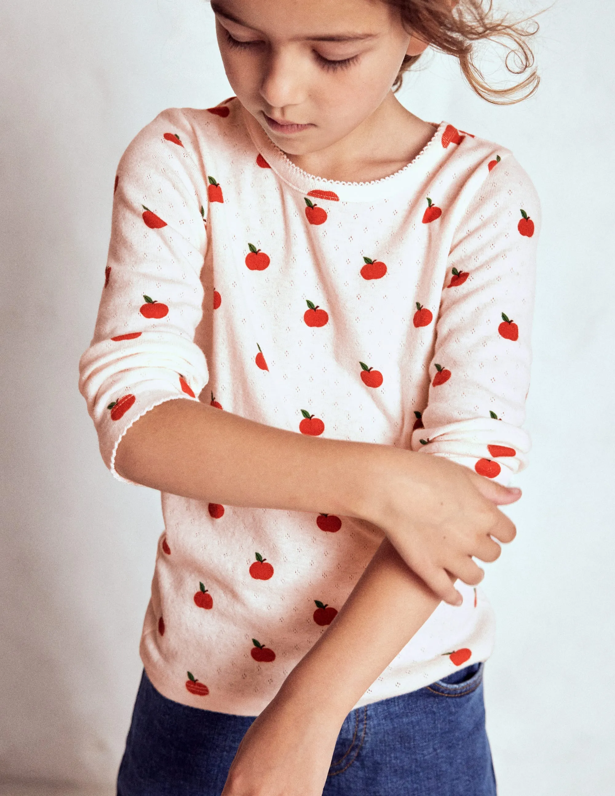 Long Sleeve Pointelle Top-Soft Ivory Little Apples UV Protective Fabric Basic Wardrobe Piece