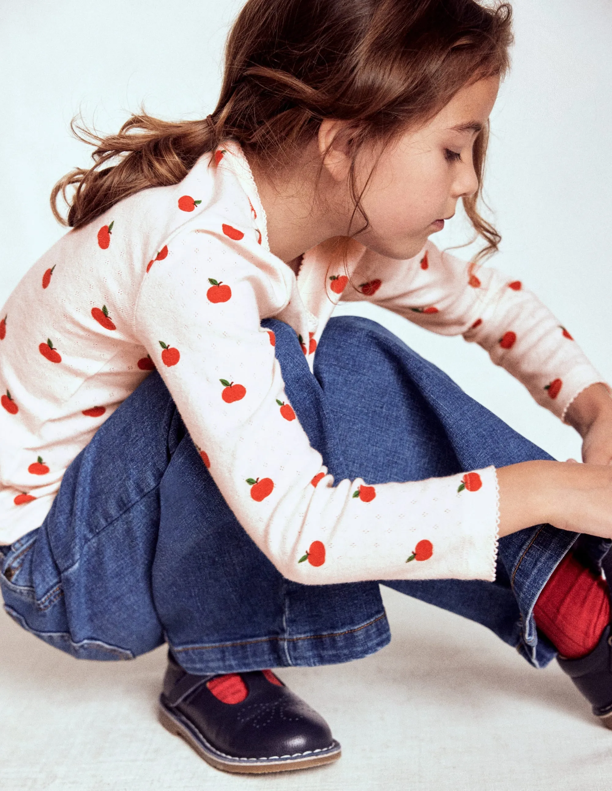 Long Sleeve Pointelle Top-Soft Ivory Little Apples Casual layering piece