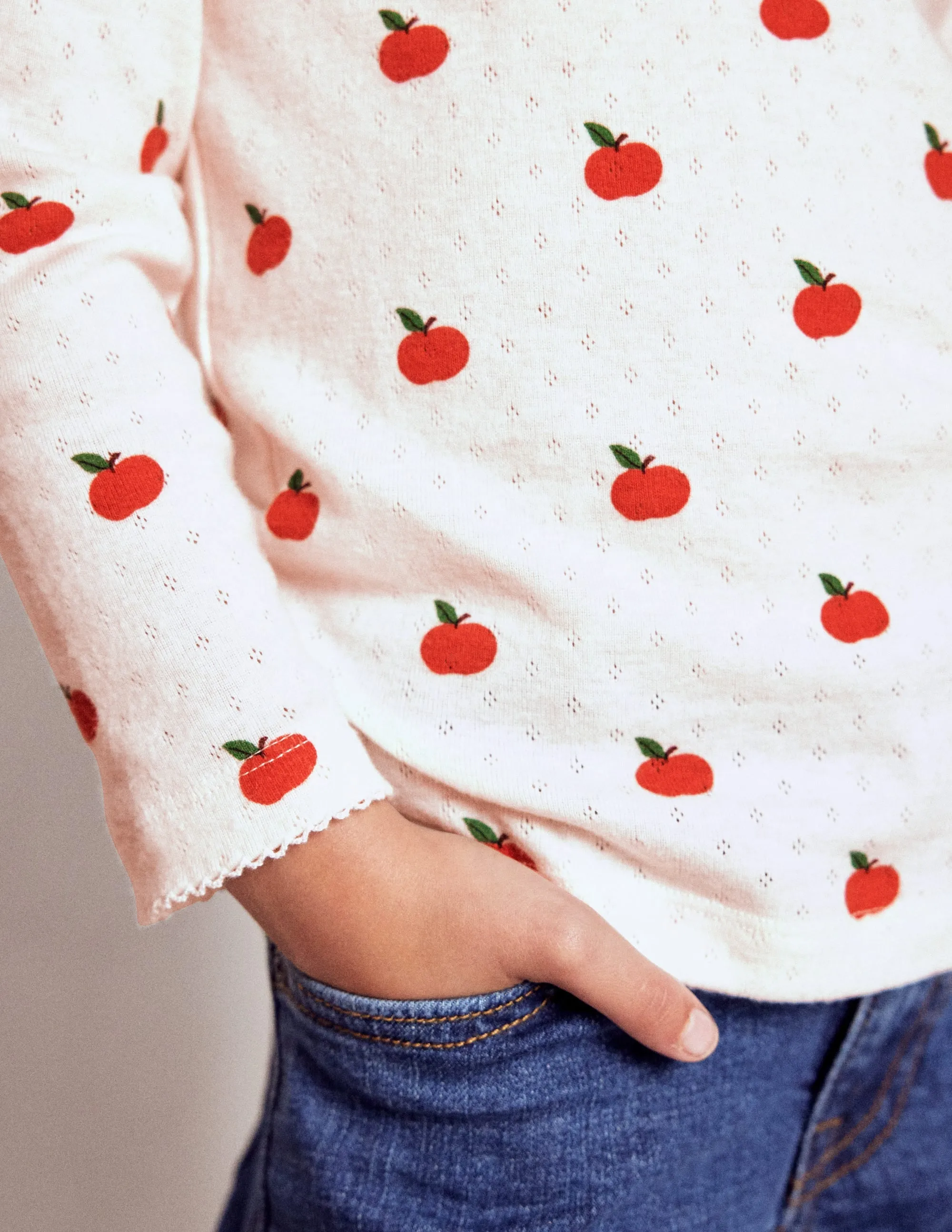 Long Sleeve Pointelle Top-Soft Ivory Little Apples Fuzz Free Surface
