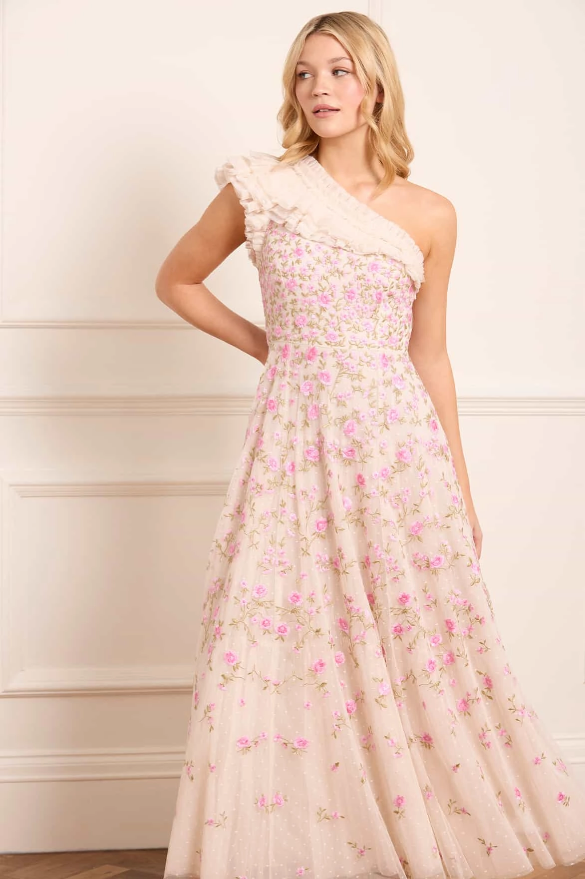 Lea Ditsy One-Shoulder Ankle Gown Chic Mom