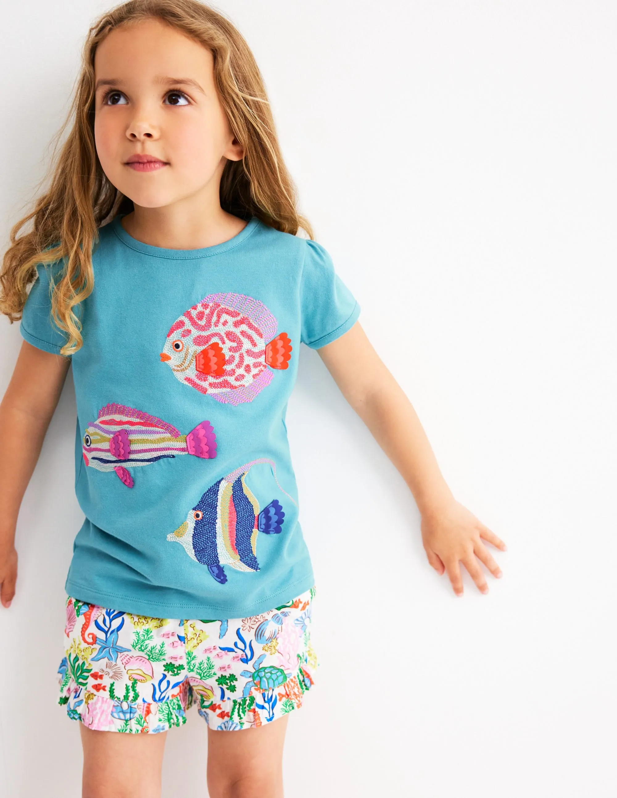 Puff Sleeve Superstitch Top-Aqua Sea Blue Fish Zip Up