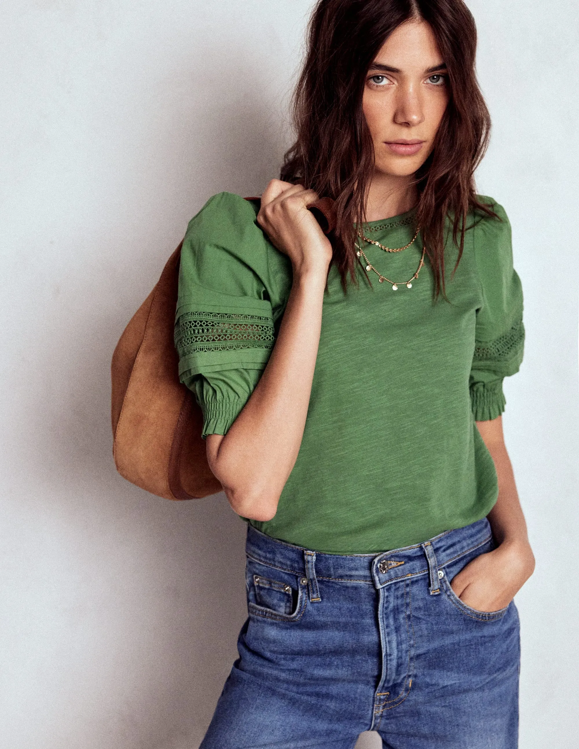 Lottie Puff Sleeve Top-Newt Green Flexible Ribbed Cuffs