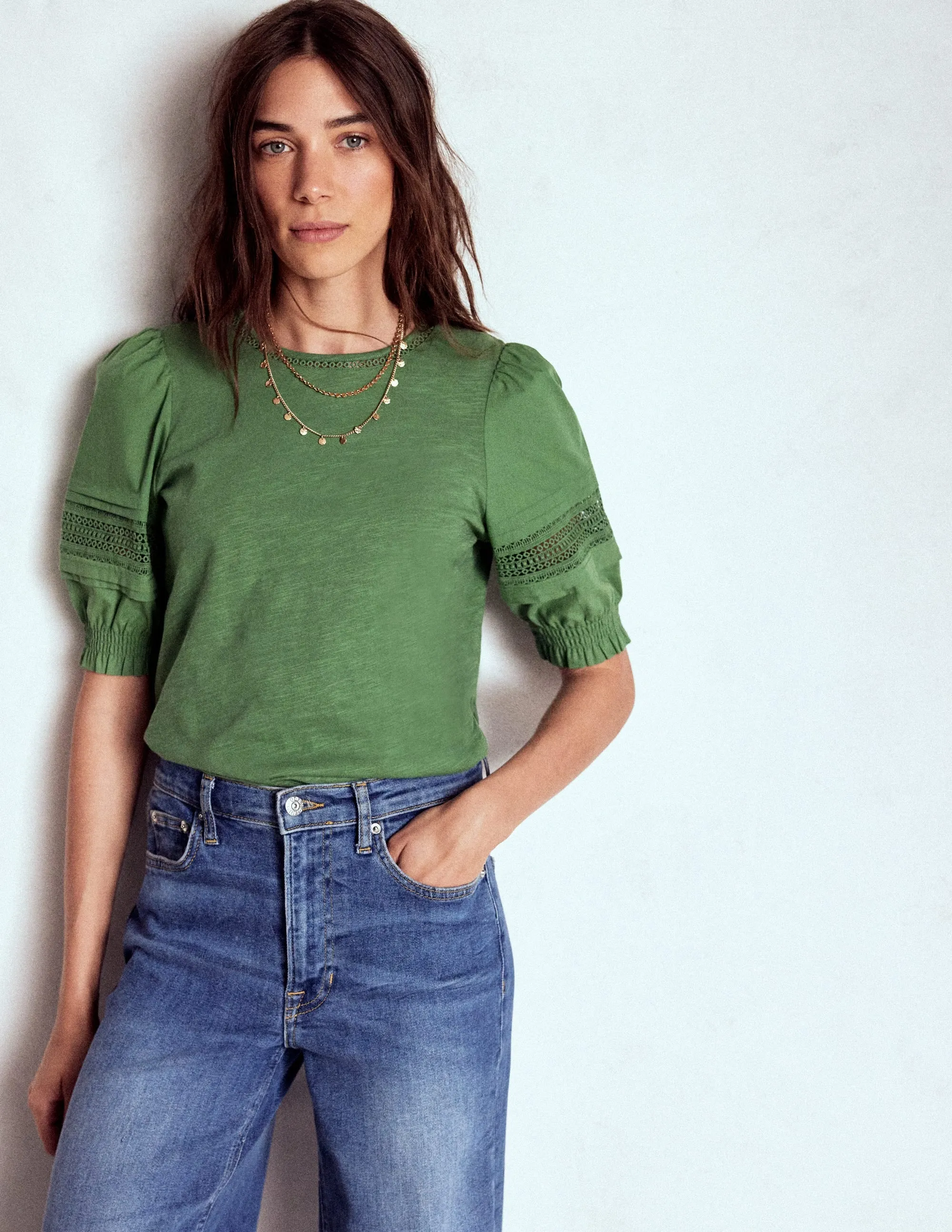 Lottie Puff Sleeve Top-Newt Green BiodegradableFabric Convertible Sleeve Adaptation