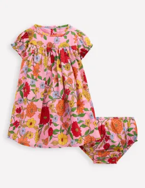 Gathered Woven Dress-Pink Lemonade Dahlia Trail Refined Mood Bright Accent
