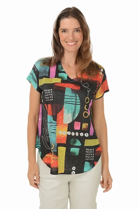 Weighted Hem Design Sheer Overlay Material Geneva Short Sleeve Slub Knit Top