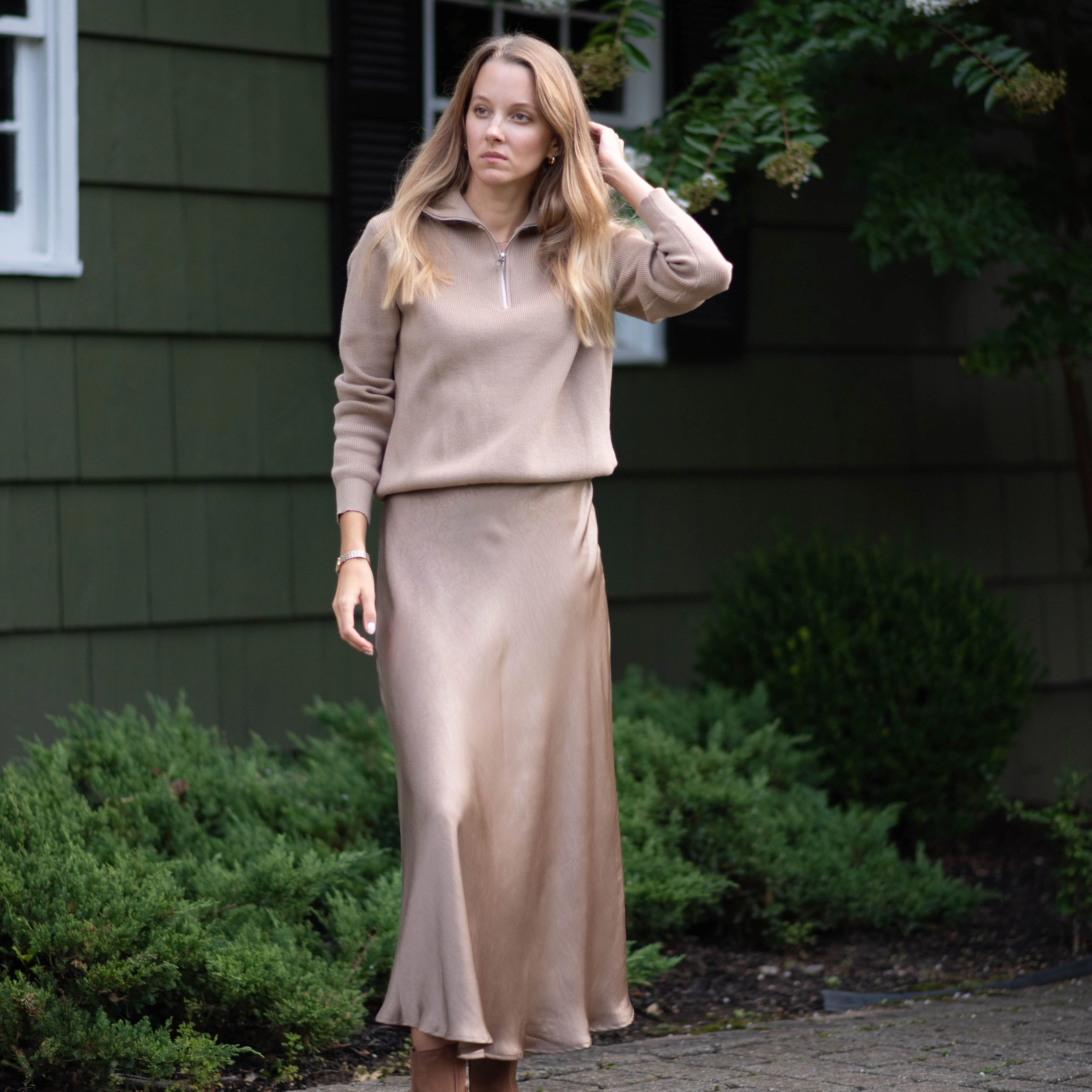 Crinkle Slip Skirt | Camel Statement Piece Twist Front