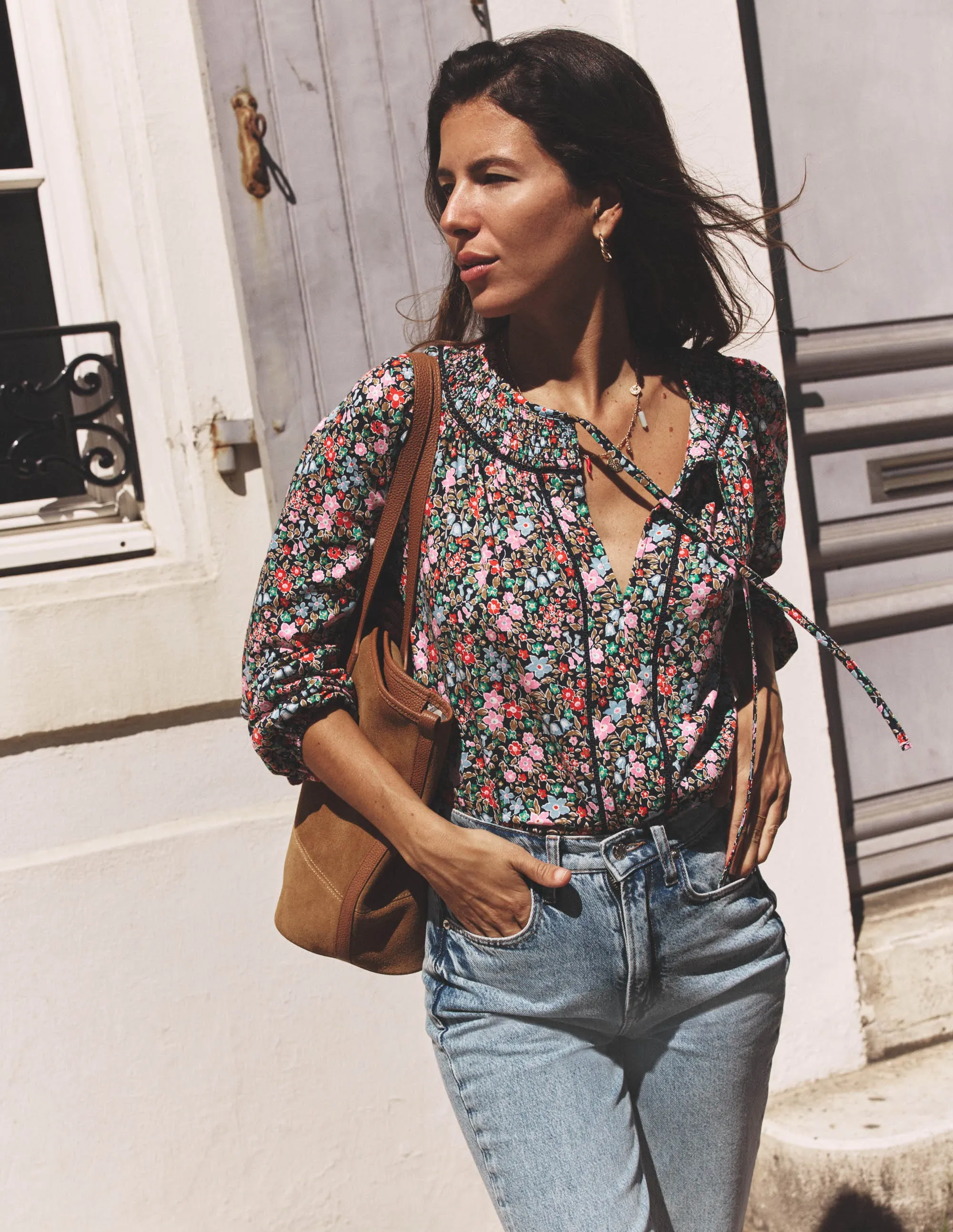 Non Irritating Label Georgia Smocked Jersey Top-Navy and Multi, Flowerbed