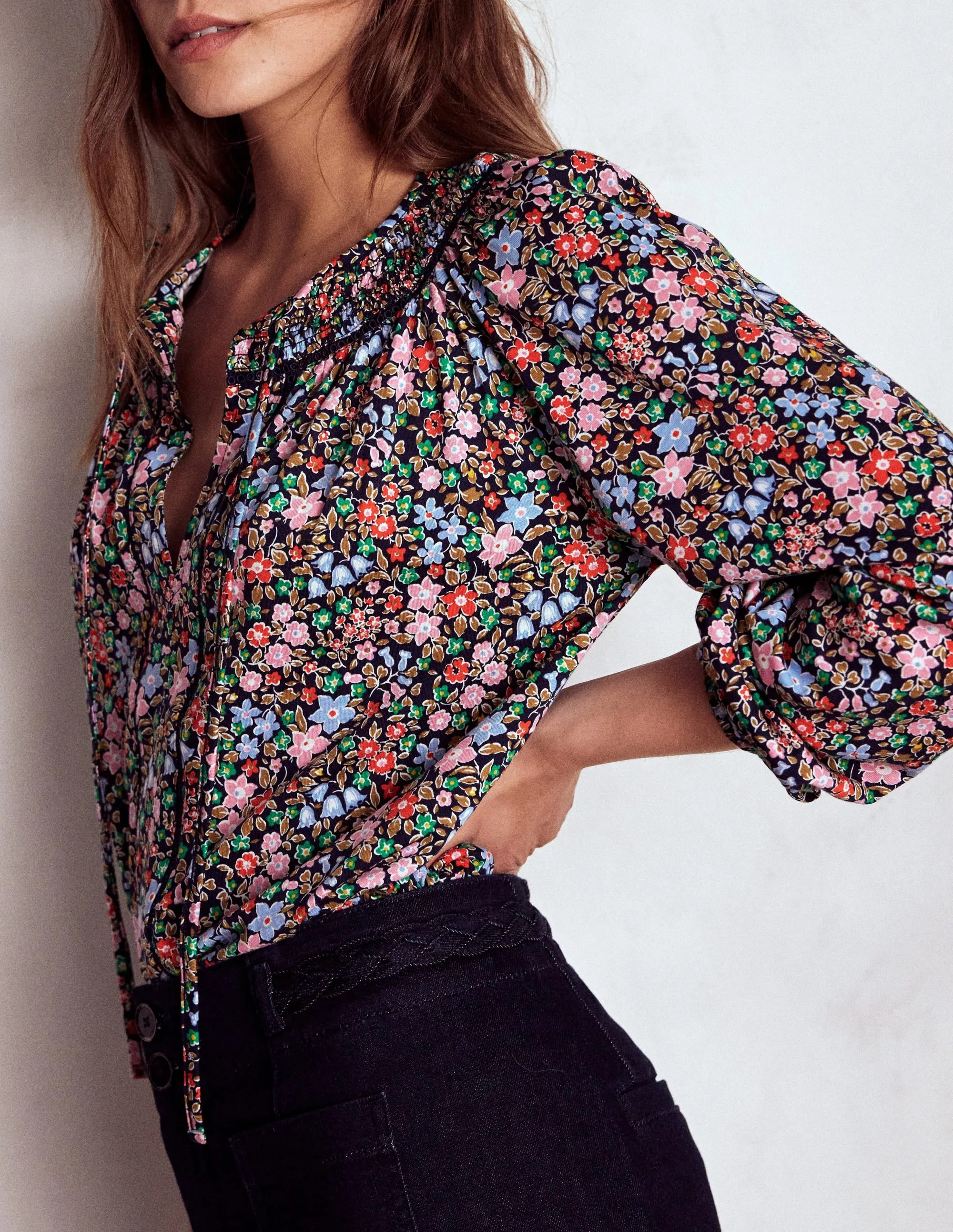 Georgia Smocked Jersey Top-Navy and Multi, Flowerbed Minimalist Aesthetic ribbed texture