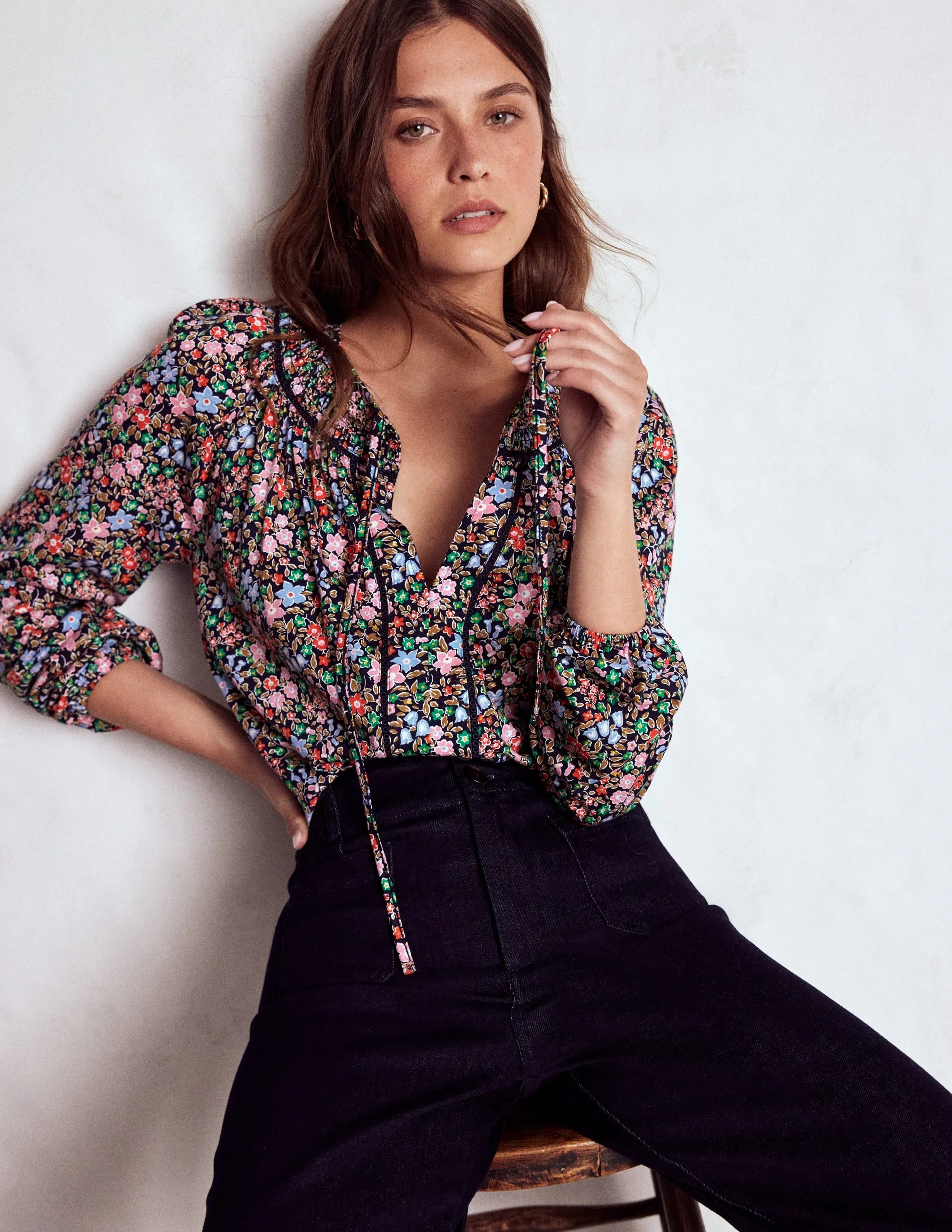 LowImpact Dye Process Sustainable Production Methods Georgia Smocked Jersey Top-Navy and Multi, Flowerbed