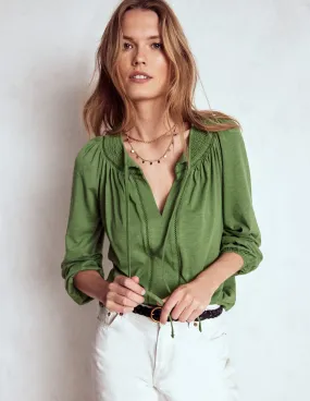 Grid Texture Fabric Biodegradable material Georgia Smocked Jersey Top-Safari Green