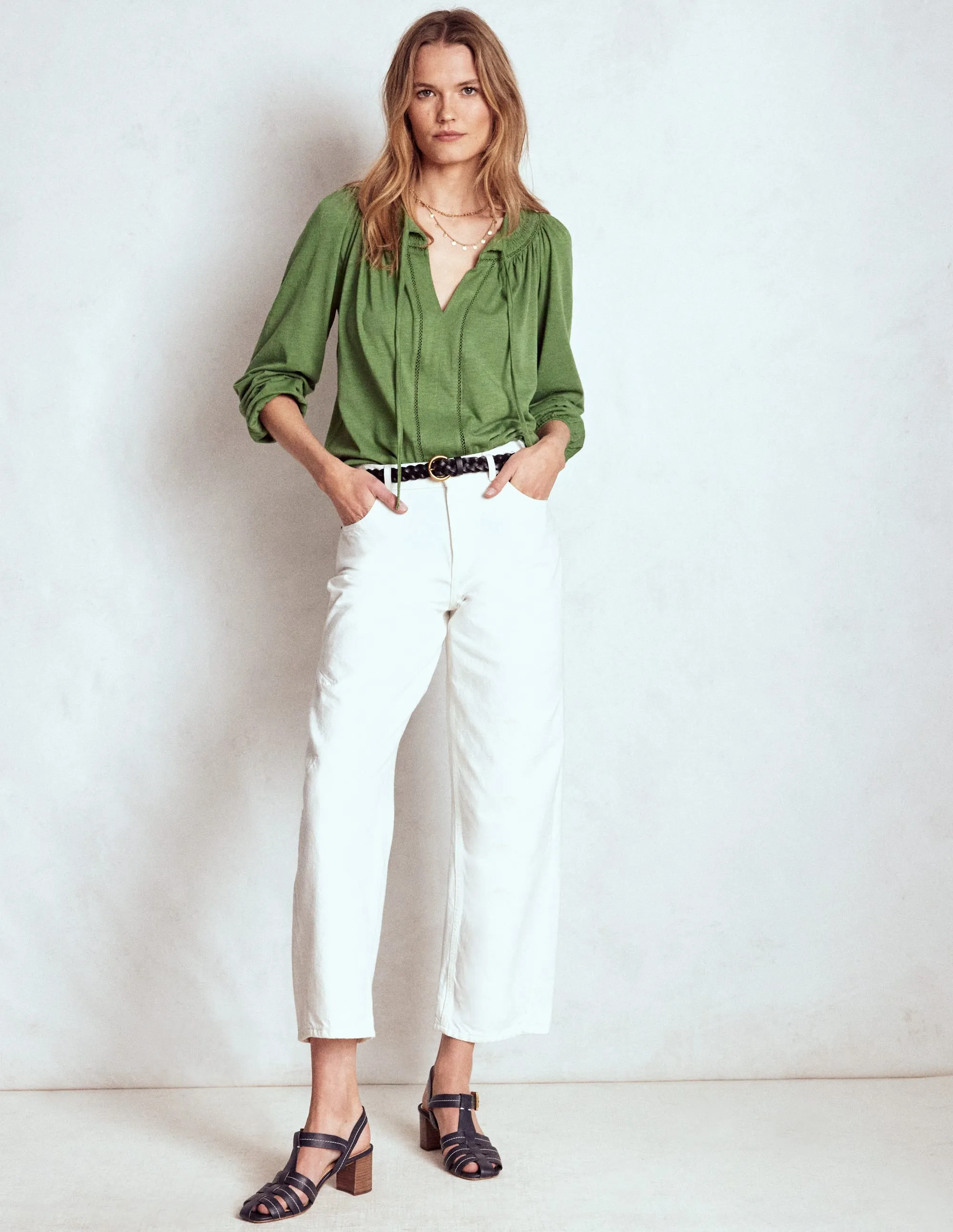 Brushed Microfiber Surface Overlock Edging Georgia Smocked Jersey Top-Safari Green