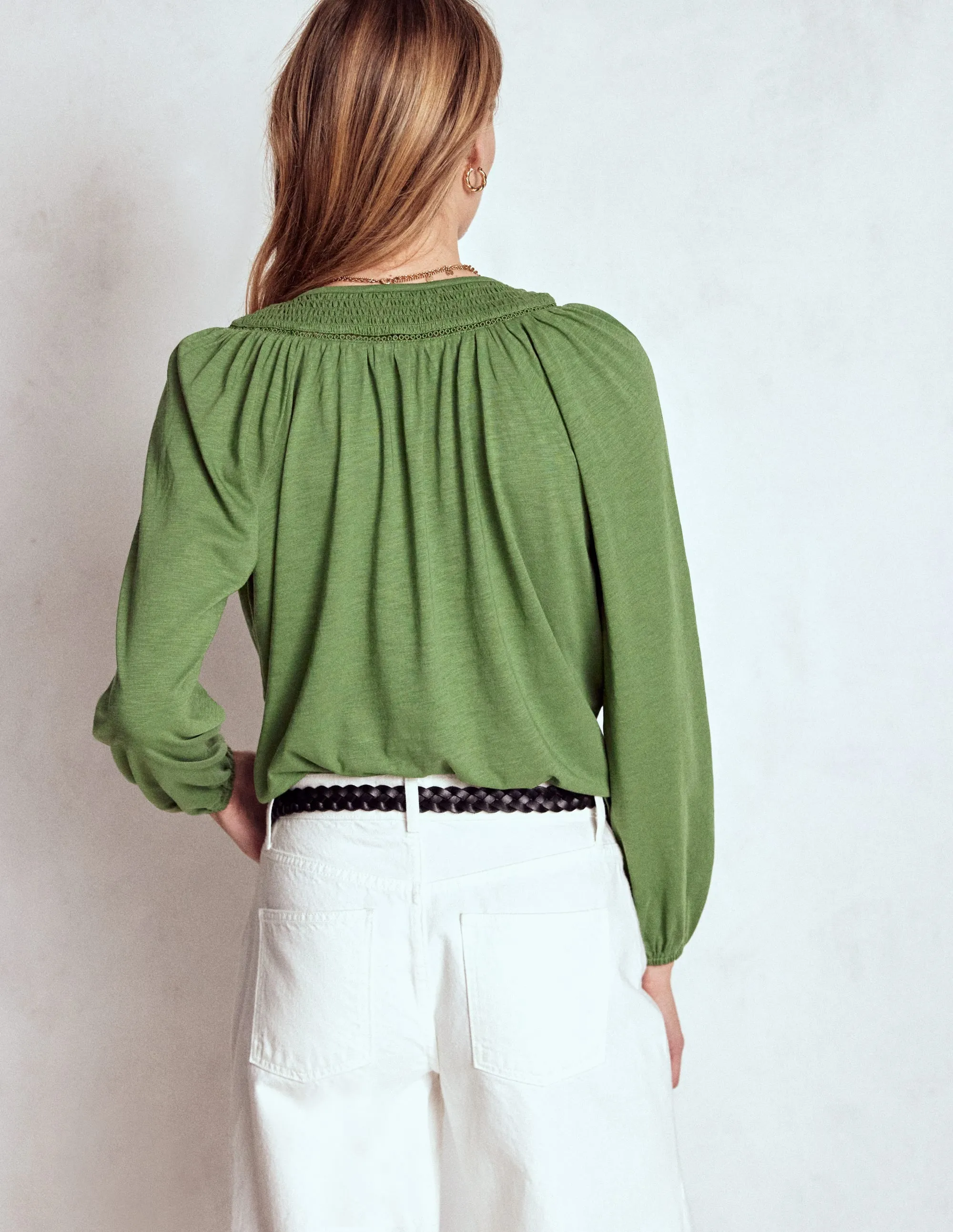 Georgia Smocked Jersey Top-Safari Green Basic Tee