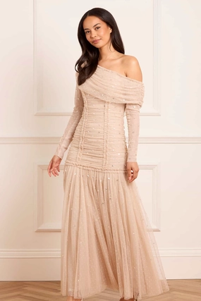 Natural Layers Work Fit Gigi Dot One-Shoulder Rouched Gown